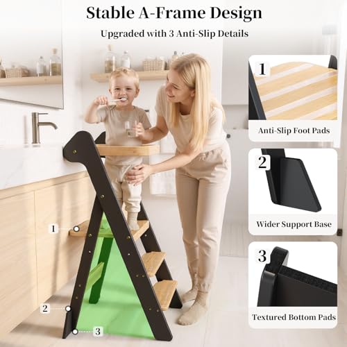 COSYLAND Foldi Foldable Toddler Kitchen Stool - Adjustable Height Toddler Standing Tower with Net & Safety Feet, IF Award-Winning Wooden Learning Step Tower for Kids 18M-6Y, Black & Natural - color: Black & Natural