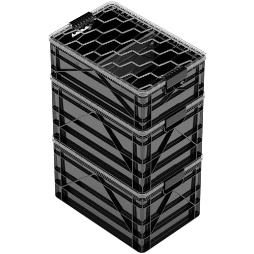 SIDIO CRATE Starter Pack - Two Full Size and One Half Size SidioCrate, Stackable Outdoor Organizer Storage Bins with Clear Lid and Dividers - Black - color: Black