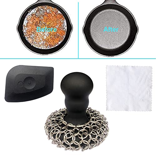 316 Upgraded Chainmail Scrubber with Silicone Handle Cast Iron Cleaner for Cast Iron Grill Pan Skillet Wok Bakeware Ergonomic to Hold Easy to Use Dishwasher Safe, Scrubber + Scraper + Towel (Black) - color: Black