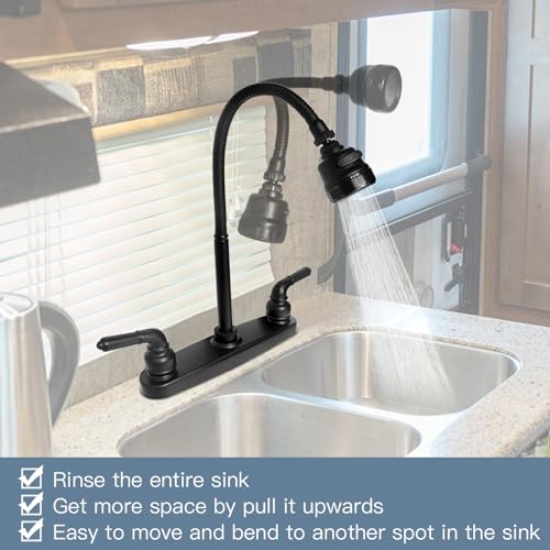 RV Kitchen Faucet,Camper RV Kitchen Sink Faucet Replacement with 2 Handles Flexible Spout 360 Swivel Rotatable Tri-Function Sprayer for Motorhomes,Travel Trailers,8 inch 2 Hole,Non-Metallic,Black - color: Black