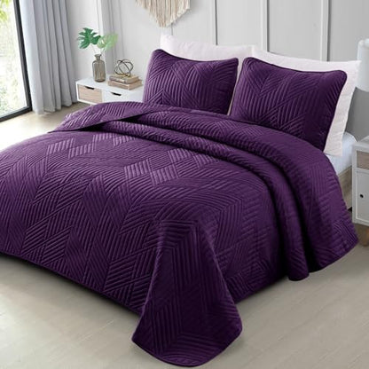 Exclusivo Mezcla Ultrasonic Twin Quilt Bedding Set, Lightweight Deep Purple Bedspreads Soft Modern Geometric Coverlet Set for All Seasons (1 Quilt and 1 Pillow Sham) - color: Deep Purple, size: Twin (68"x88")