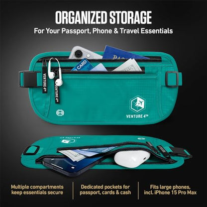 VENTURE 4TH Money Belt for Travel – Slim Hidden Under-Clothes RFID Blocking Anti-Theft Passport Holder & Travel Wallet Pouch for Men & Women to Protect Cash, Cards & Documents (Turquoise) - color: Turquoise