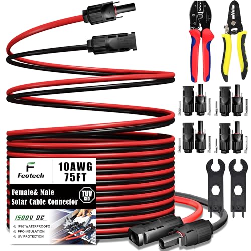 Twin Wire 70FT Solar Extension Cable - 10AWG (6mm²) Solar Panel Connector, with IP67-Male/Female Solar connectors for Outdoor Automotive RV Boat Marine Solar Panel- Black & Red - color: No Sheath, size: 75Ft - 10AWG
