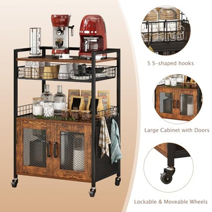 Hencawima Coffee Bar Cabinet, 3 Tier Coffee Station Table on Wheels, 35.9" H Bar Cart with Wire Basket Drawer & 5 Hooks for Home Kitchen, Liquor Buffet Sideboard Cabinet (Rustic Brown) - size: X-Large