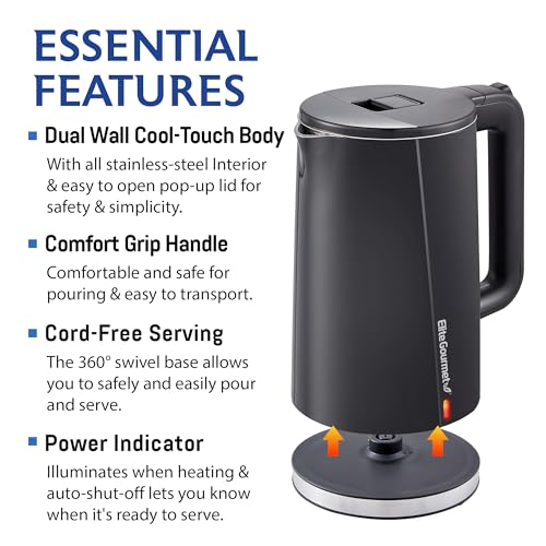 Elite Gourmet 1.7L Cool-Touch 1500W Fast Boil Electric Kettle, Fully Stainless Steel Lid & Interior BPA Free, Double Wall, Auto Shut-Off, Black - size: 1.8 Quarts