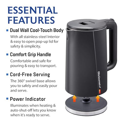 Elite Gourmet 1.7L Cool-Touch 1500W Fast Boil Electric Kettle, Fully Stainless Steel Lid & Interior BPA Free, Double Wall, Auto Shut-Off, Black - size: 1.8 Quarts
