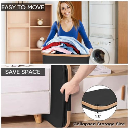 BALEINE Laundry Hamper with Lid, Tall Laundry Baskets with Bamboo Pull Handles, Large Laundry Bin with Internal Support (18 Gal/70L, Black) - color: Black, size: 70 liters
