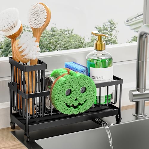 Cisily Sponge Holder for Kitchen Sink, Sink Caddy Organizer with High Brush Holder, Kitchen Countertop Organizers and Storage Essentials, Rustproof 304 Stainless Steel (Black with Smiley Face, 9.25″) - color: Black With Smiley Face - 9.25″