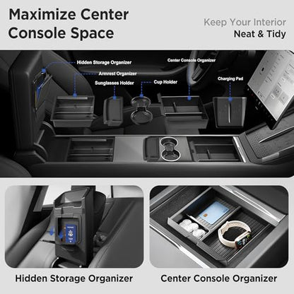 8PCS Center Console Organizer for Tesla Model Y Juniper Accessories 2026 2025 & for Tesla Model 3 Accessories 2024-2026 [Slide Smoothly & US Patent] Charging Pad Sunglasses Cup Holder Black