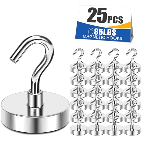 MIKEDE Magnetic Hooks 85Lbs Heavy Duty Earth Magnets with Hooks for Cruise Cabin Strong Magnet Hooks for Hanging Super Metal Magnetic Hanger for Grill Fridge Kitchen - Pack of 25 - color: Silver, size: 0.98×1.34 in