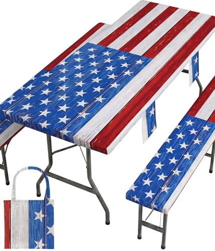 Picnic Table Cover with Bench Covers Waterproof Rectangle Tablecloth Camping Essentials Supplies Rv Travel Gear Must Haves Accessories Fitted Table Cloth Outdoor Road Trip Camper Gifts American Flag - color: Red Blue Flags, size: 96in