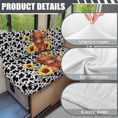 Highland Cow Print RV Dinette Cushion Covers Universal Sunflower RV Stretch Sofa Seat Slipcovers 2 Pack with 1 Bench Cover and 1 Backrest Cover Camper Accessories for Inside - color: Highland Cow Print
