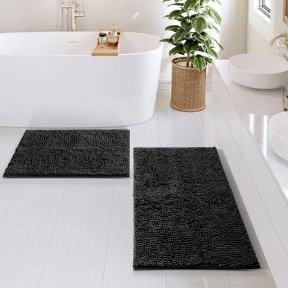 Hearth & Harbor Bathroom Rugs, Chenille Bath Mat - Machine Washable Bath Mats for Bathroom Non-Slip Backing Rubber, Quick Dry Bathroom Mat - color: Black, style: 17 x 24 + 20 x 32