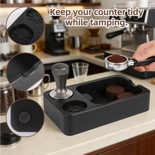 Espresso Tamping Station with Knock Box, 3-in-1 ABS Coffee Tamper Station Organizer for 51/54/58mm Tamper for Home Cafe Office, Black