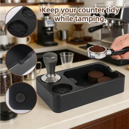 Espresso Tamping Station with Knock Box, 3-in-1 ABS Coffee Tamper Station Organizer for 51/54/58mm Tamper for Home Cafe Office, Black