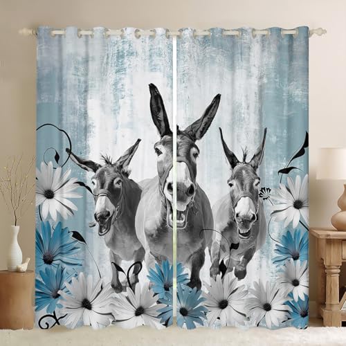 Erosebridal Donkey Curtains for Bedroom,Rustic Country Daisy Floral Curtains Blackout Farmhouse Decor,Blue Grey Vintage Graffiti Curtains Western Cowboy Window Curtains 2 Panels 38" Wx54 L - color: Blue, size: 2 Panels 38"Wx54"L