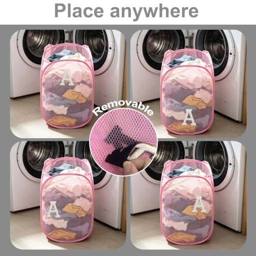 Collapsible Pop Up Laundry Hamper, Extra Large with Removable Initial Letter A, Mesh Foldable Laundry Basket, 28" x 16" x 16" (Pink) - color: 1P PinkA