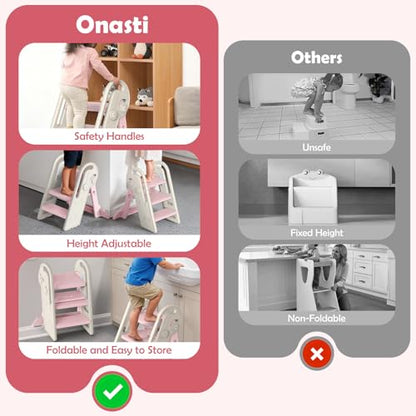 Onasti Foldable Step Stool for Kids & Toddlers, 3 Step Convertible to 2 Step with Handles, Training Stool for Bathroom Sink & Kitchen Counter, Non-Slip Stable Step Stool for Growing Children- Pink - color: Baby Pink