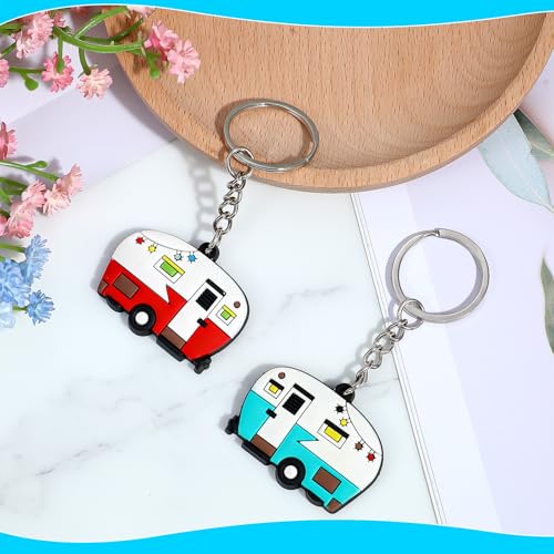 Thinp 2 Pieces Camper Keychain, RV Camper Keyring Accessories for Travel Trailers Enameled Metal Retro Camping Car Keychain - color: Rubber Red+green