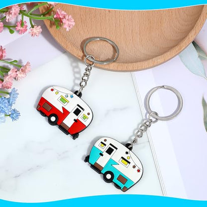 Thinp 2 Pieces Camper Keychain, RV Camper Keyring Accessories for Travel Trailers Enameled Metal Retro Camping Car Keychain - color: Rubber Red+green