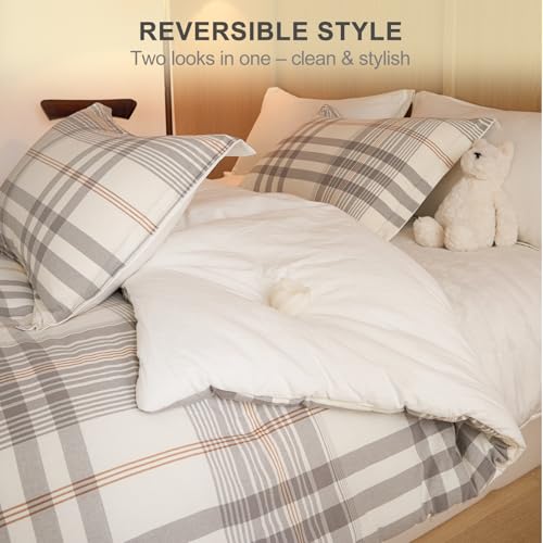 100% Cotton Comforter Set Full Size – Reversible Yarn-Dyed Checkered Design, Soft Washed Cotton on Both Sides, Lightweight All-Season Bedding, Machine Washable(Grey White Plaid, 80”x90”) - color: Grey White, size: Full(80"x90")