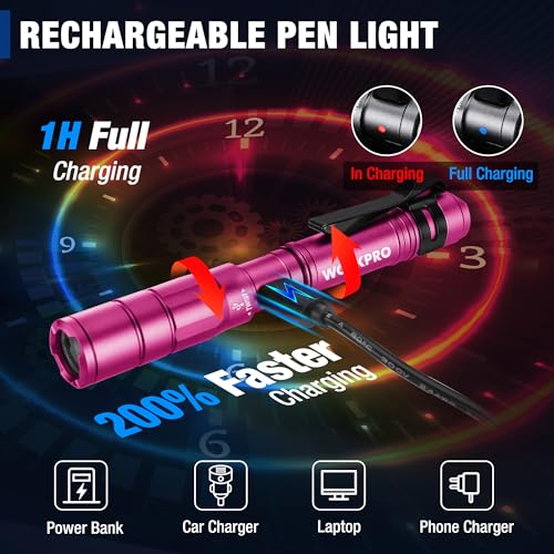 WORKPRO Rechargeable Pen Light, Mini Flashlight, 2 Pack Ultra-Compact EDC Flashlight, Pocket Flashlight with Clip, Memory Function and 2 x USB C Cable Included, Pink - color: Pink