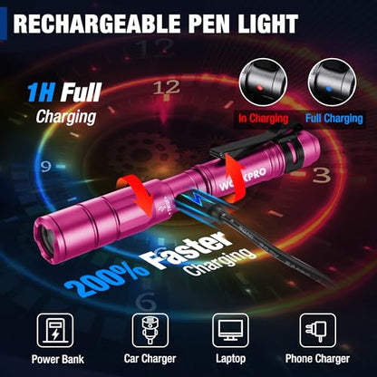 WORKPRO Rechargeable Pen Light, Mini Flashlight, 2 Pack Ultra-Compact EDC Flashlight, Pocket Flashlight with Clip, Memory Function and 2 x USB C Cable Included, Pink - color: Pink