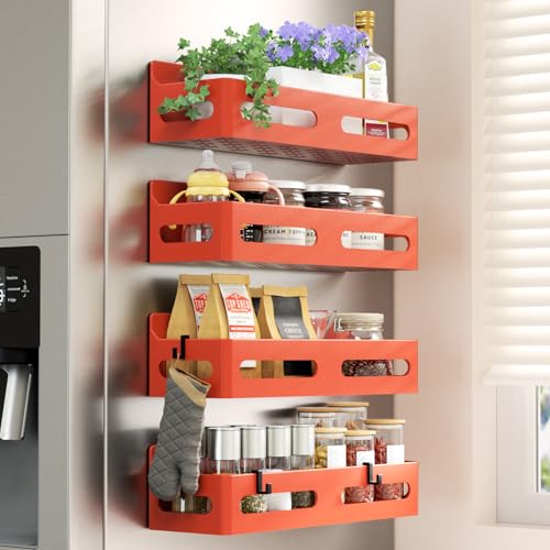 Sevenblue 4 Pack Strong Magnetic Spice Rack for Refrigerator, Multipurpose Magnetic Shelf for Fridge with 4 Hooks for kitchen and Bathroom Organization, Orange - color: Organge, size: 4 Pack