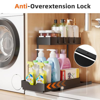 Simple Trending Under Sink Organizer 2 Pack, 2 Tier Cabinet Organizer with Sliding Basket, Multi-Purpose Sink Storage Basket with 4 Hooks for Kitchen Bathroom, Black - size: 2 pack