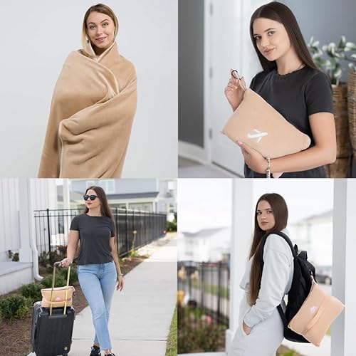 BlueHills Travel Blanket Pillow in Mini Soft Case Premium Plush Airplane Blanket Compact Luggage Belt and Backpack Clip Warm Plane Pillows Traveling Gifts Packable - Beige M06 - color: Beige-m06