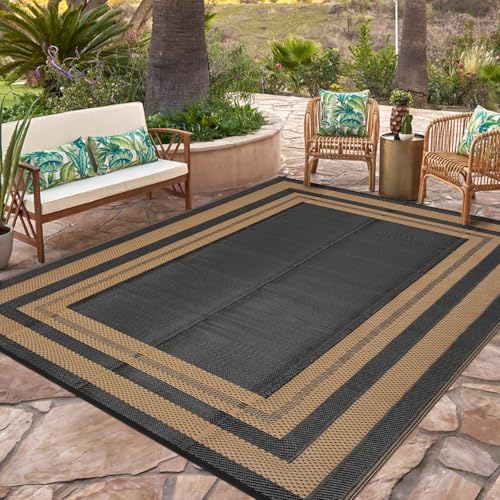 GarveeHome Outdoor Plastic Straw Rug 8x10 Reversible Patio Rug Outdoor Rugs Waterproof Camping Rugs Portable Outside Floor Mat for RV Porch Balcony Patio Camping Picnic Beach Black/Brown Panel - color: Black/Brown Panel, size: 8' x 10' (Rectangular)