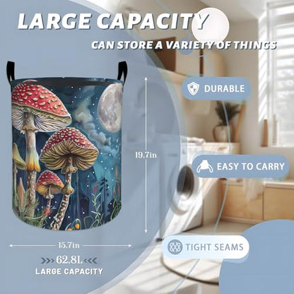 Charming Mushrooms Under Full Moon Laundry Basket with Handles, 19.7"x15.7" Clothes Foldable Laundry Hamper Organizer for Dorm Nursery Bedroom Bathroom Decor, Toy Storage Bin for Kids - style: Mushroom44