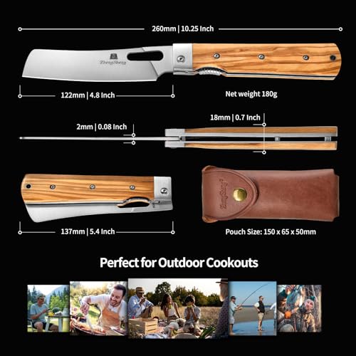 ZhengSheng Folding Chef Knife with Leather Pouch 4.8” Sharp 440A Stainless Steel Blade Olive Handle Pocket Foldable Japanese Style Kitchen Knife for Outdoor Camping BBQ trip Cooking. - color: #3 Natural Olive Handle - Leather Pouch