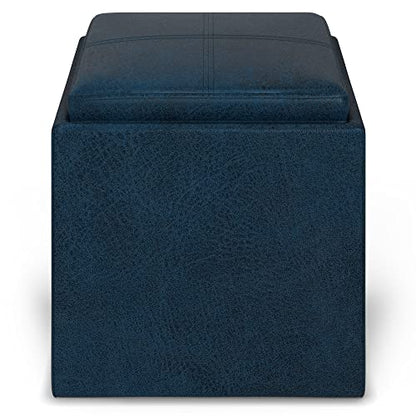 SIMPLIHOME Rockwood Cube Storage Ottoman with Tray - 17" Wide x 17" High Upholstered Vegan Leather Square Storage Ottoman in Distressed Dark Blue, Contemporary Cube Ottoman with Serving Tray - color: Distressed Dark Blue