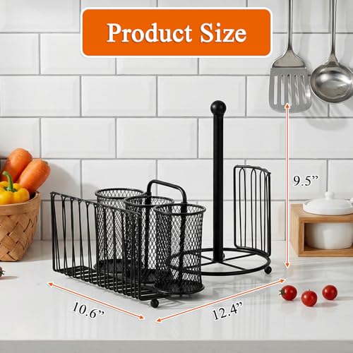 Elsjoy Picnic Utensil Holder Caddy with Handle & Paper Towel Holder, Metal Silverware Organizer Portable Flatware Holder for Cutlery, Fork, Spoon, Plate, Napkin