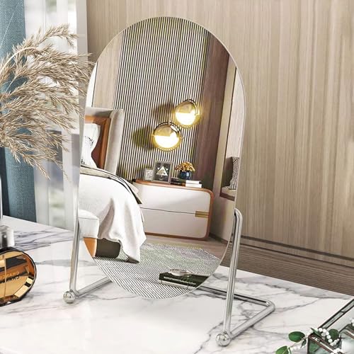 Vanity Desk Table Mirror with Stand Makeup Mirrors for Desk, Adjustable Rotation Vintage Oval Tabletop Silver Make Up Bathroom Mirror for Women - color: Silver