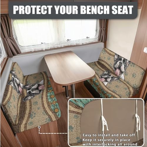 Boston Terrier Flower Print RV Dinette Cushion Covers Replacement Camper Cushion Slipcover Scratch-Resistant RV Couch Covers, 1 Backrest Cover 1 Bench Cover and 1 Pillowcase - color: Boston Terrier Flower