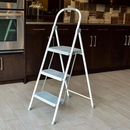 Rubbermaid 3 Step Folding Ladder, Steel Foldable Step Stool with Hand Grip, White - style: 3-Step