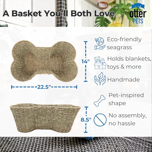 OtterPets Dog Toy Basket, Seagrass Bone Shaped Dog Toy Bin, Handmade Pet Organizer And Storage, Toy Box for Cats (Large (22x14)) - size: Large (22x14")