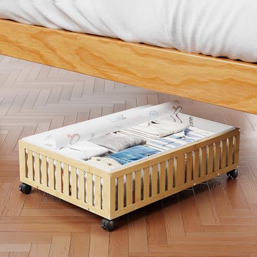 Bamboo Under Bed Storage Containers with Wheels, 40L UnderBed Drawers with Dust Bag, Breathable Under Bed Shoe Storage, Rolling UnderBed Clothes Storage, 1Pack - size: 24.02"L ×16.54"W, style: 1Pack