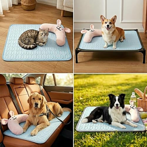 [36" x 28"] Dog Cooling Mat with Detachable Bunny Pillow, Ice Silk Pet Cooling Pad for Medium Large Dogs, Washable & Portable Dog Bed for Summer, Blue. - size: XL