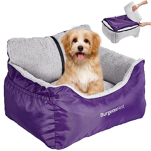 BurgeonNest Dog Car Seat for Small Dogs, Fully Detachable and Washable Cat Carseats Under 25 lbs, Soft Pet Booster Seats with Storage Pockets Clip-On Leash Portable Travel Carrier Bed, Purple - color: Purple, size: Small