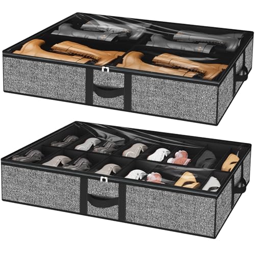 homyfort Under Bed Shoe Storage Organizer Fits 16 Pairs Shoes and 4 Pairs Boots, Underbed Shoe Storage Boxes Bins, Organizador De Zapatos, Extra Large Zapateras Organizer for closet, Black, Set of 2 - color: Black, style: 16 Pairs Shoes + 4 Pairs Boots