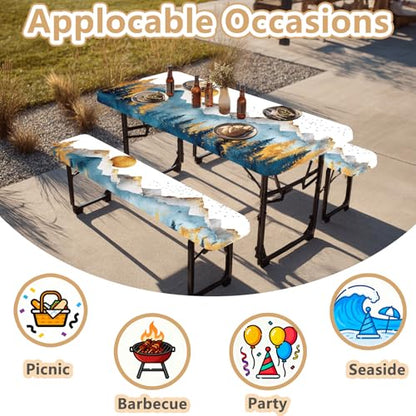 Picnic Table Cover with Bench Covers Elastic Edges, Outdoor Patio Camping Essentials 72 Inch 3PCS, Waterproof Camping Fitted Tablecloth with Handbags (Boho mountain) - color: Mountain View, size: 72" x 30" (Rectangular)