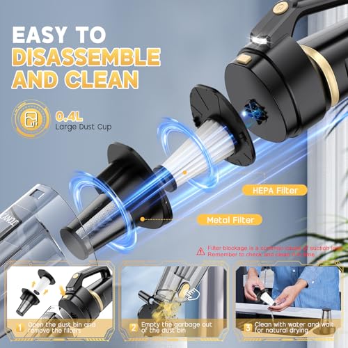 JONYJ Handheld Vacuum Cordless, 16000PA Strong Suction Hand Held Car Vacuum Cleaner, Portable Hand Vacuum Rechargeable with Multi-Nozzles & LED Light for Home, Car, Office, Pets