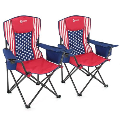 ARROWHEAD OUTDOOR 2-Pack Portable Deluxe Folding Camp Quad Chair w/Headrest, Glass & Cup Holders, Armest 6-can Cooler, Heavy Duty Carry Bag, 550 lbs Weight Capacity - color: Us Flag 2pack