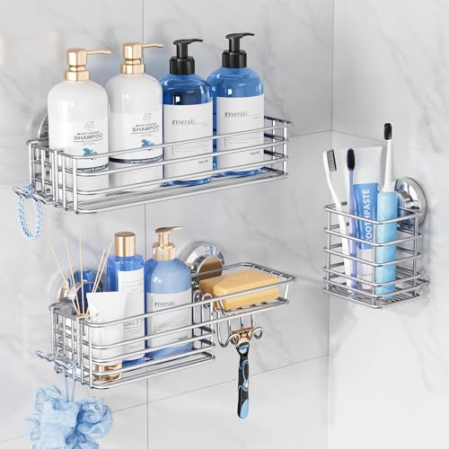 TAILI Shower Caddy Suction Cup, 3 Pack Shelves for Inside with Hooks & Soap Holder Toothbrush Cups, Removable Bathroom Organizer, Rustproof Silver Storage-Silver - style: 3× Silver