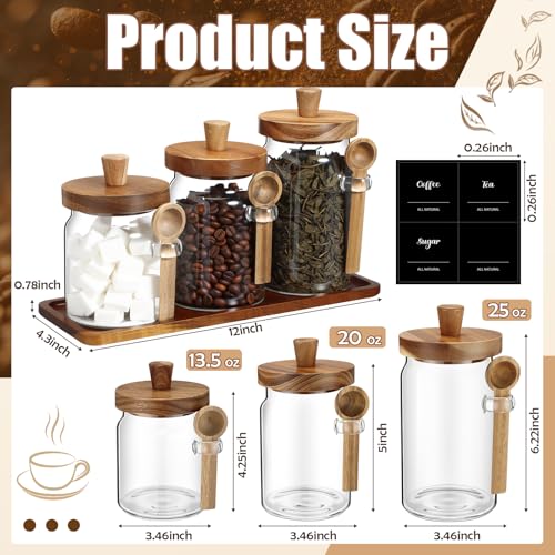 Suclain 3 Pcs Glass Coffee Container with Wooden Lid Spoon Shelf Labels Clear Airtight Jar Food Storage Canister Set for Sugar Spice Coffee Bean Holder Housewarming Gift(13.5,20,25 oz,Acacia Brown) - size: 13.5,20,25 oz
