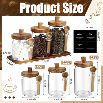 Suclain 3 Pcs Glass Coffee Container with Wooden Lid Spoon Shelf Labels Clear Airtight Jar Food Storage Canister Set for Sugar Spice Coffee Bean Holder Housewarming Gift(13.5,20,25 oz,Acacia Brown) - size: 13.5,20,25 oz