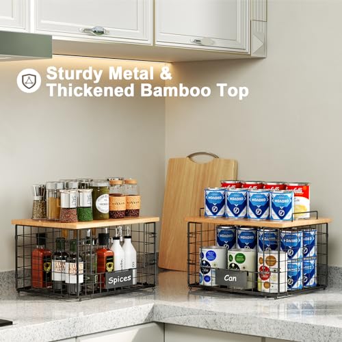 2 Pack Stackable Wire Baskets with Bamboo Top for Pantry Organizers and Storage, XXL Kitchen Organization Counter Basket for Fruit, Vegetable, Produce, Bread, Potato and Onion Storage Bins - size: XXL-15.2x11.02x9.84